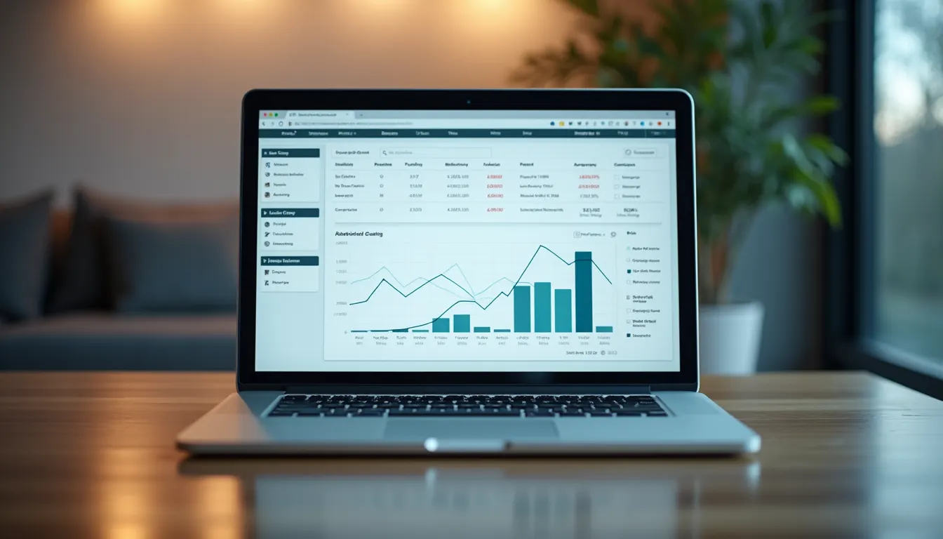 Eye-level view of a laptop displaying bookkeeping software dashboard