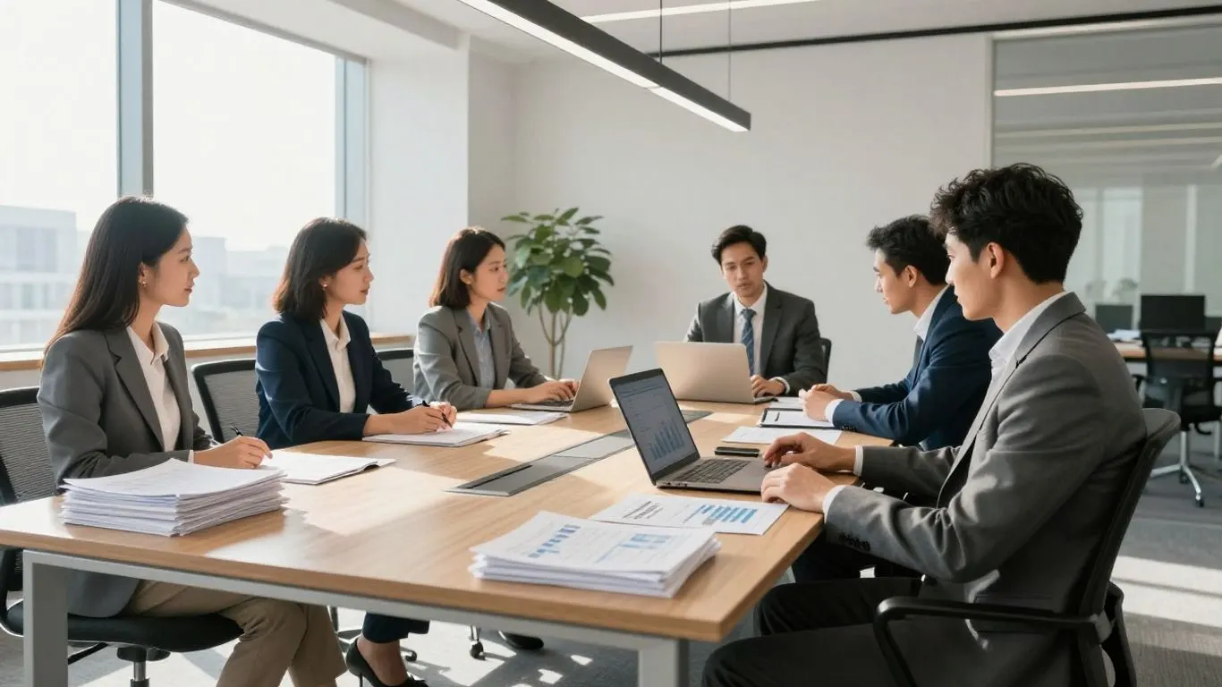 Healthcare accounting professionals collaborating in a modern office.
