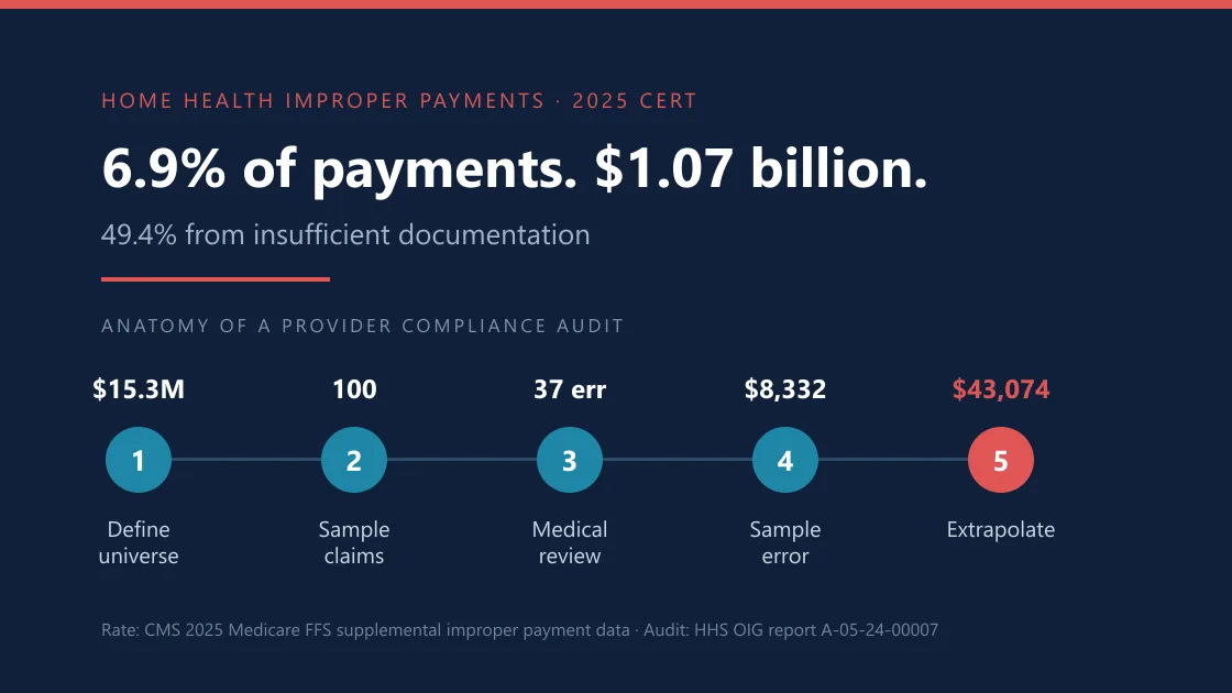 Home health improper payments at 6.9 percent and 1.07 billion dollars in 2025 CERT data, and the six stages of an OIG provider compliance audit