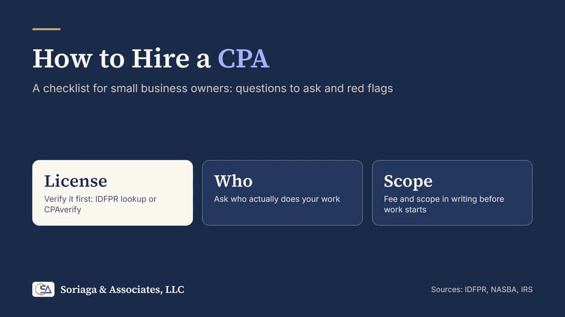 Simple branded title card reading How to Hire a CPA with the Soriaga & Associates, LLC name