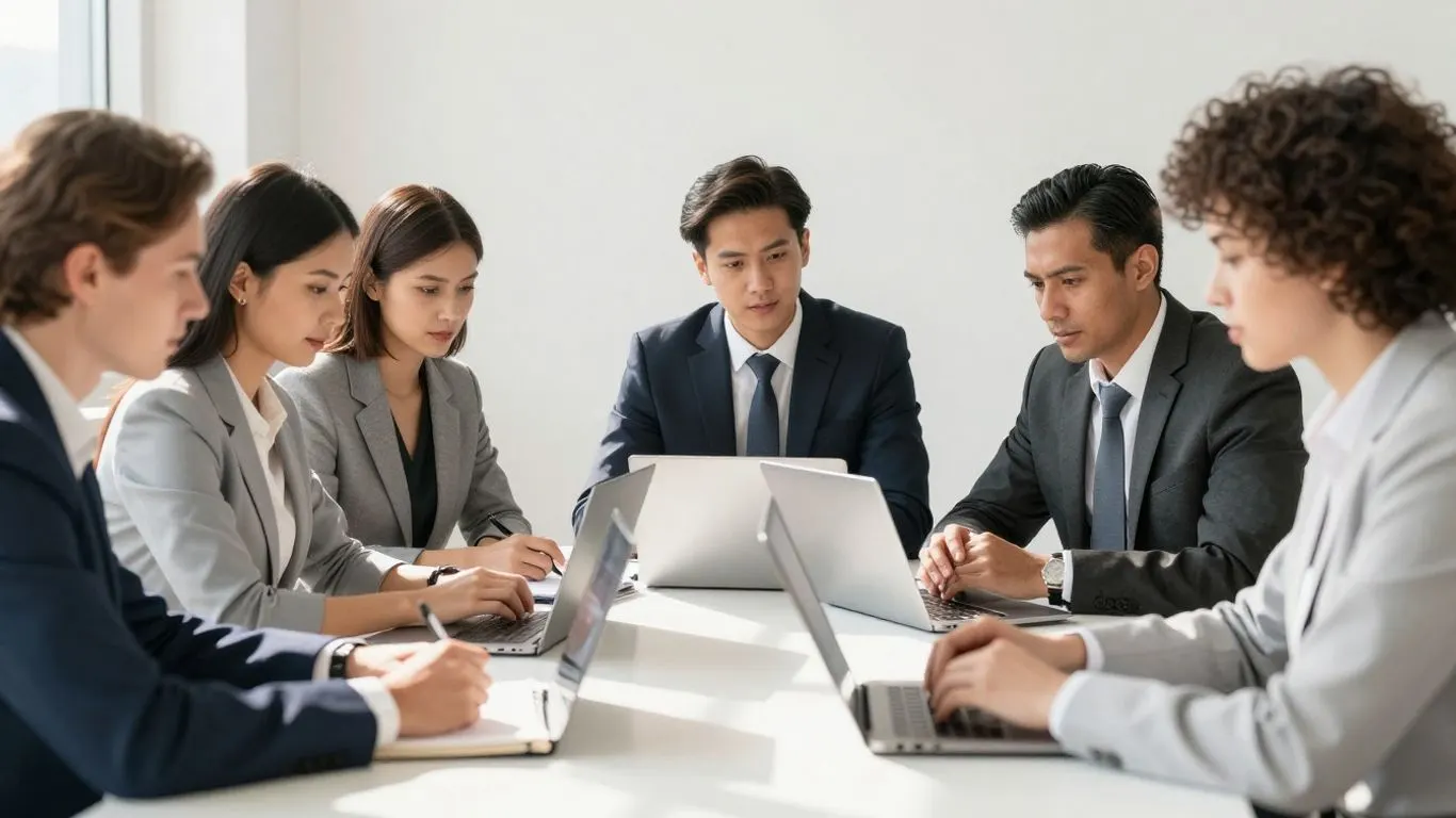 Business professionals collaborating in a bright, modern office.