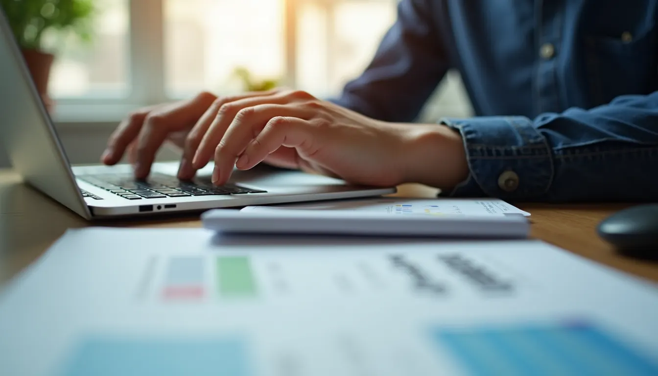 Eye-level view of a person calculating taxes on a laptop