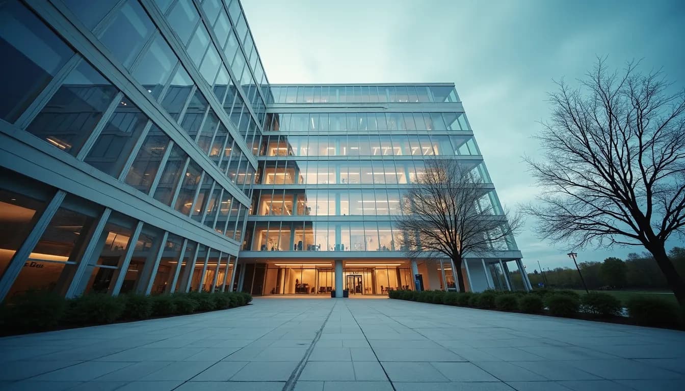 Eye-level view of a modern office building in Lisle