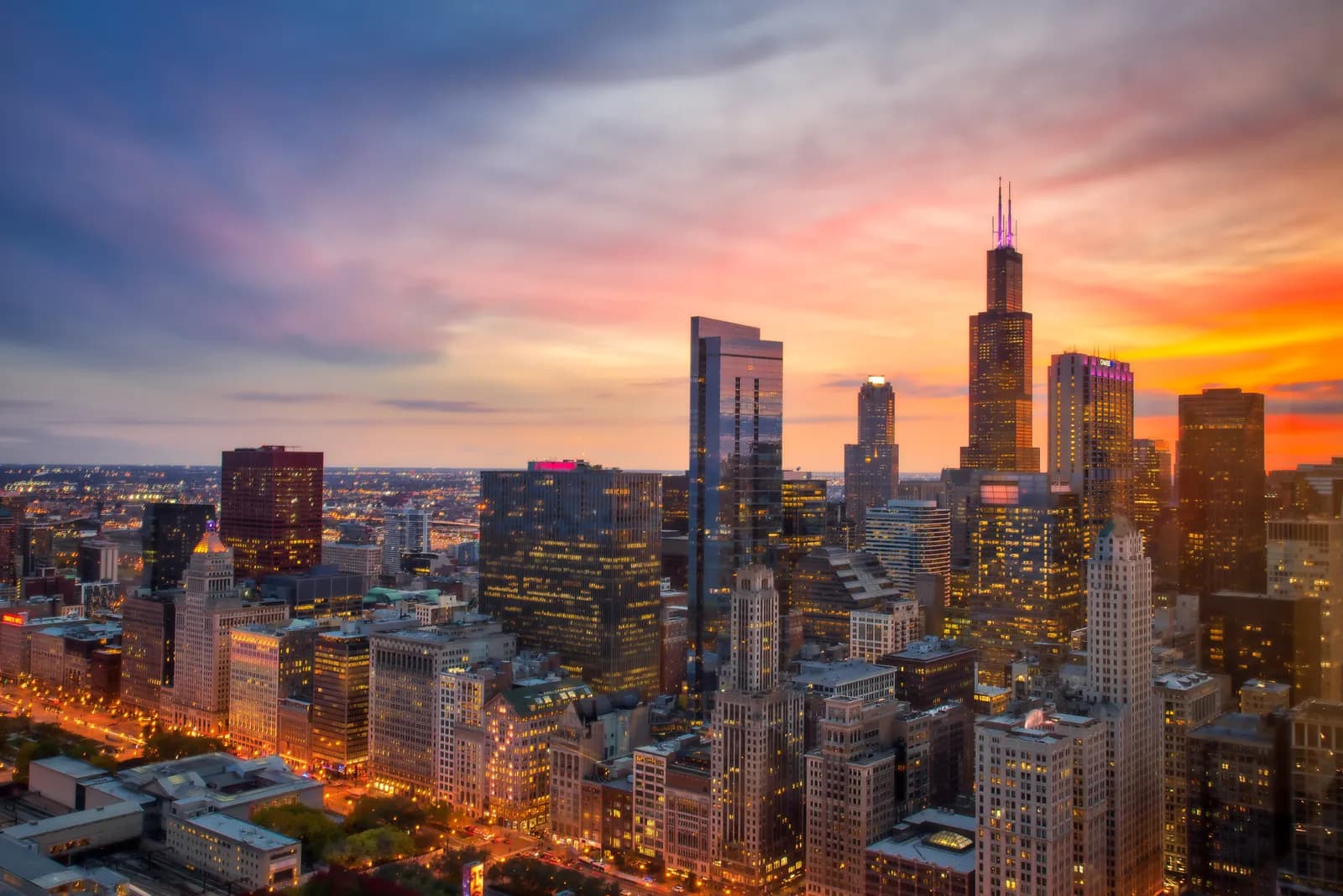 Chicago skyline at sunset
