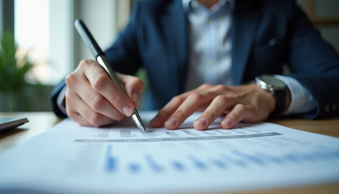 Eye-level view of a professional reviewing financial documents at a desk