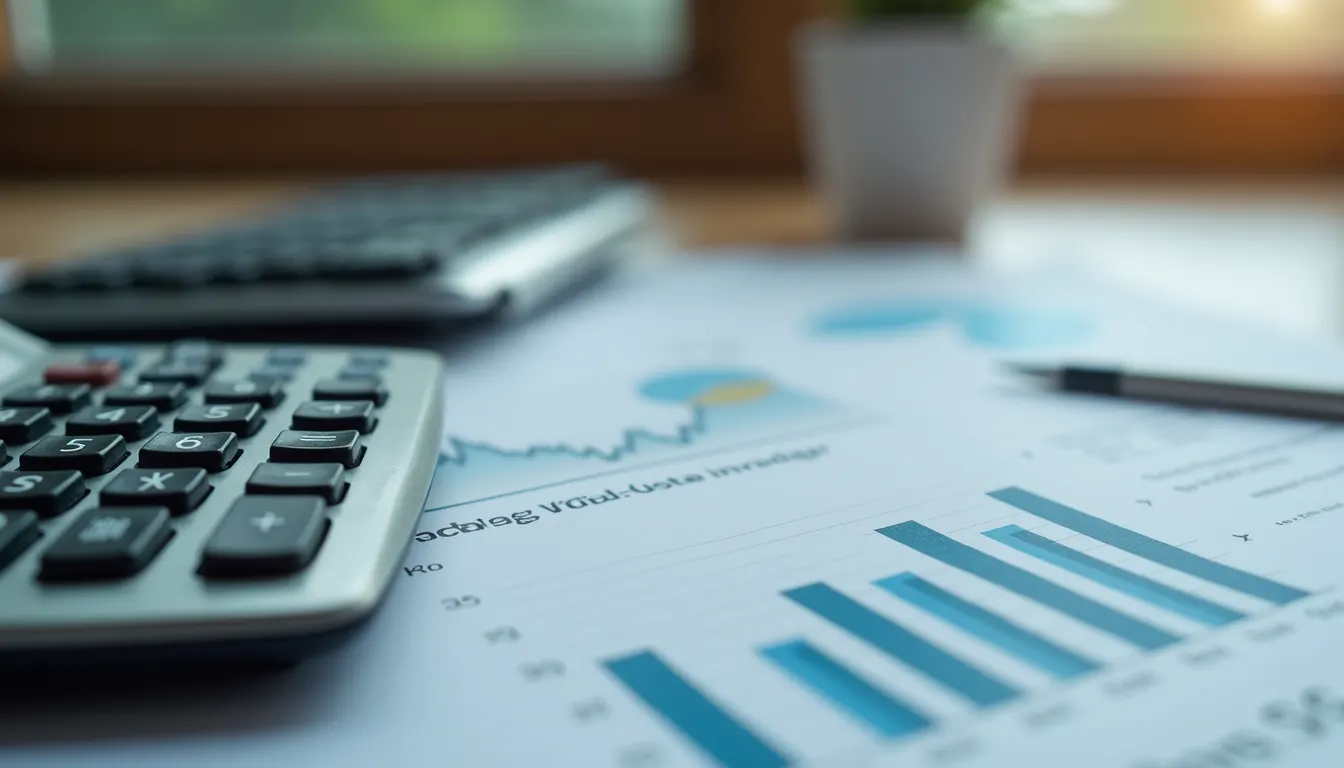 Close-up view of a calculator and financial report on a desk