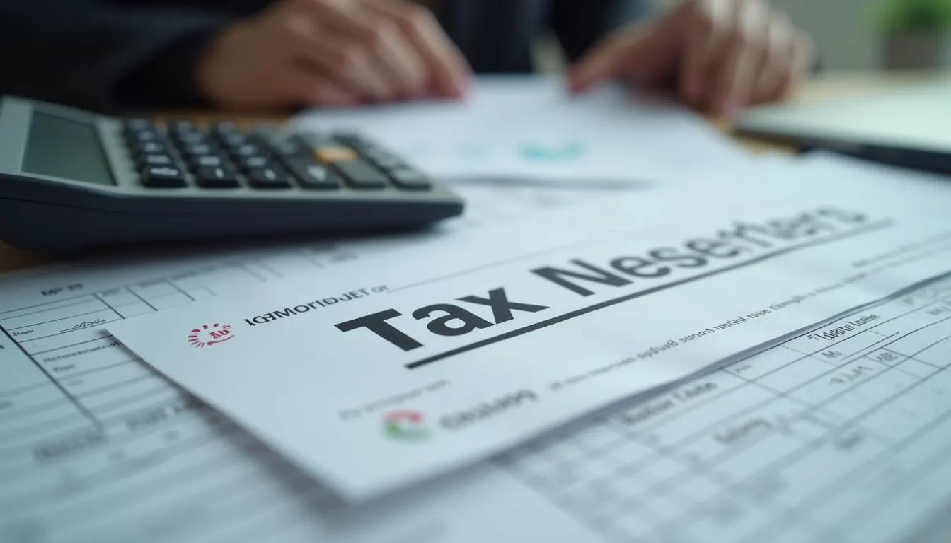 Close-up view of calculator and tax documents on a desk