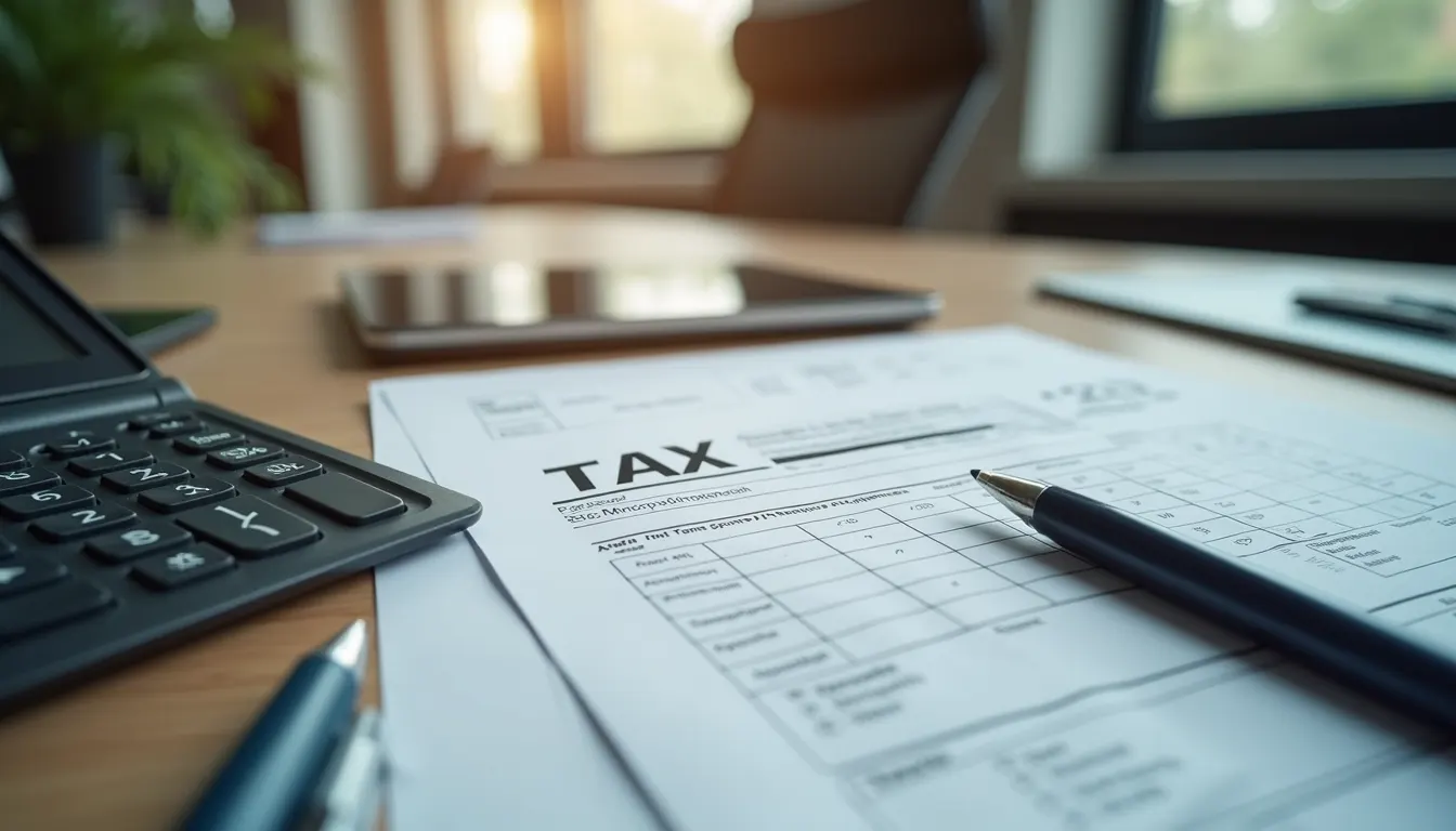 High-angle view of a modern office setup with tax documents