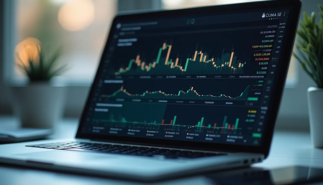 Close-up view of a laptop screen showing financial graphs and charts