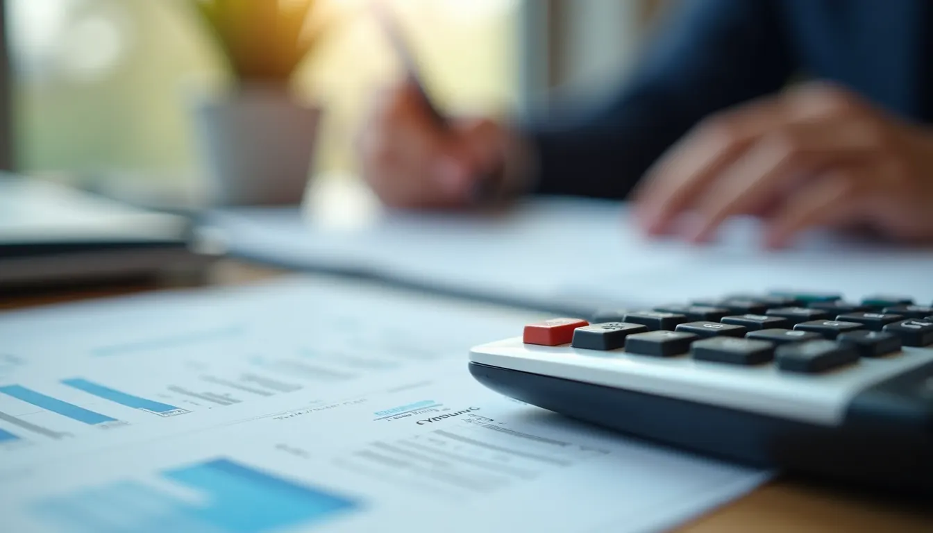 Close-up view of a calculator and financial documents on a desk