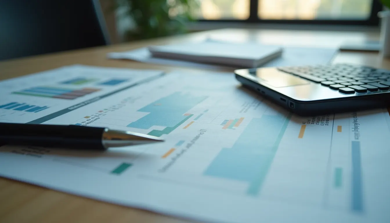 Eye-level view of a modern office workspace with financial reports