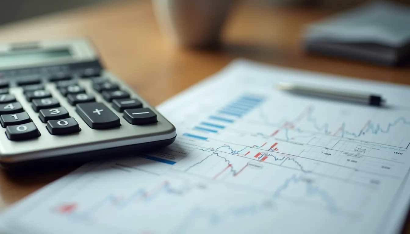 Close-up view of a calculator and financial report on a wooden table